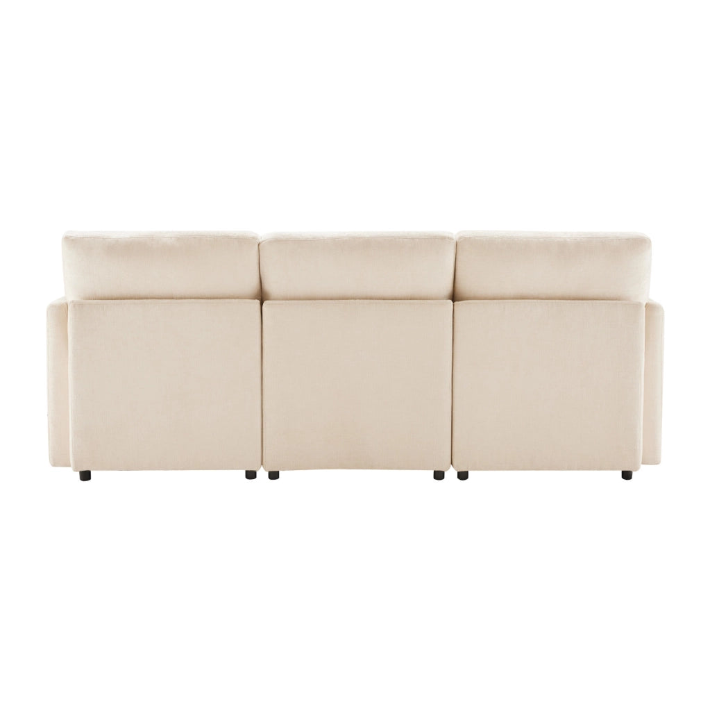 Divano angolare modulare L a 3 posti con pouf mobile e 4 cuscini in tessuto chenille beige, 216x161x81 cm