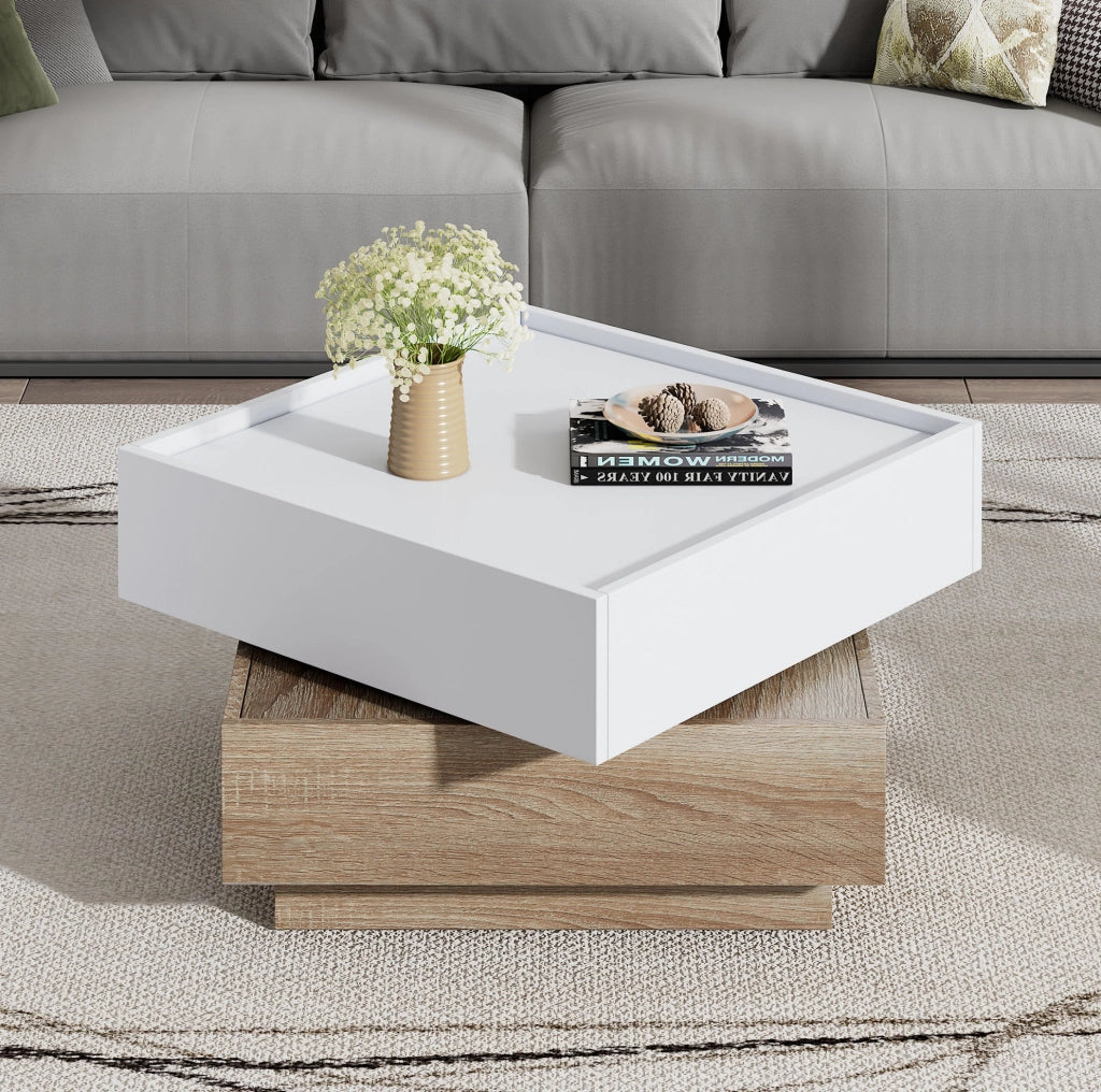 Tavolino da caffè 60x60x38 cm; girevole 360°; con cassetti; truciolare bianco e noce