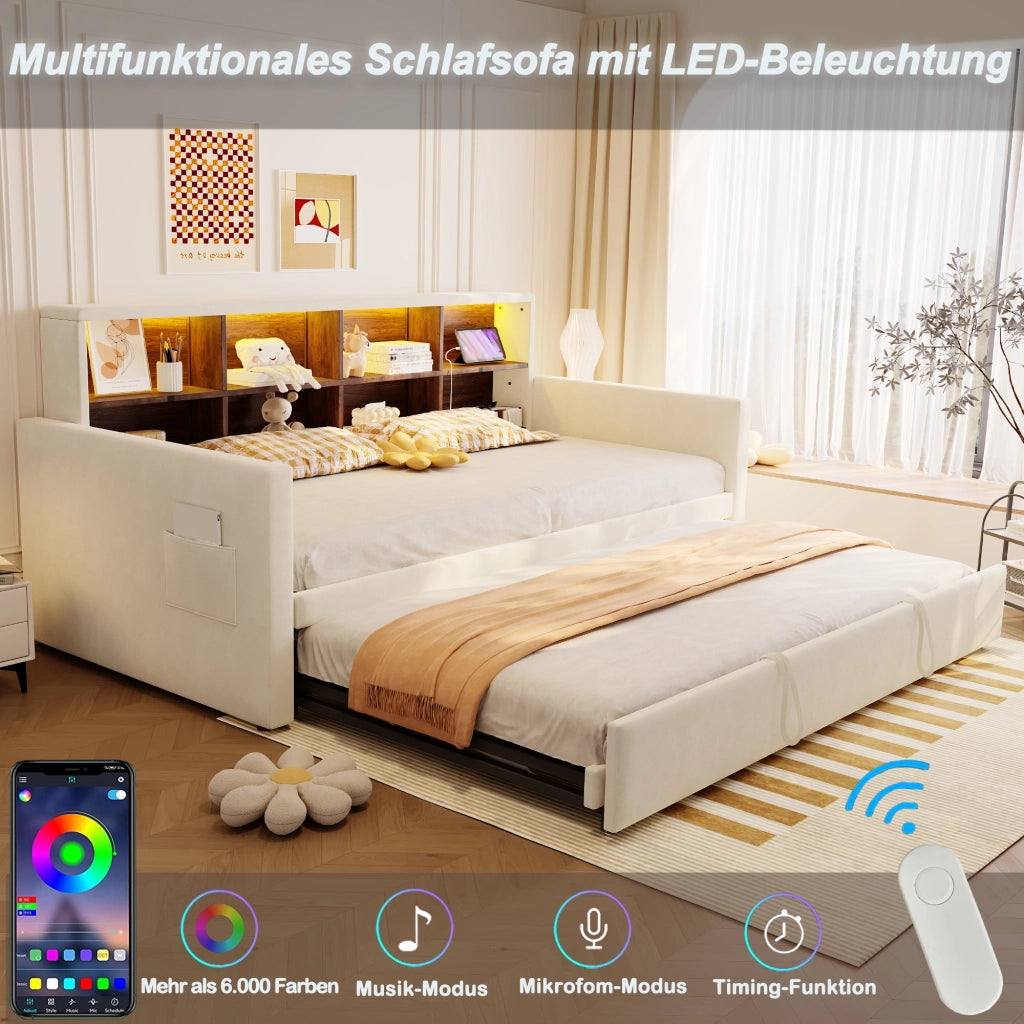 Letto singolo imbottito 90 × 190 cm estraibile in velluto beige con testiera LED prese e vani portaoggetti