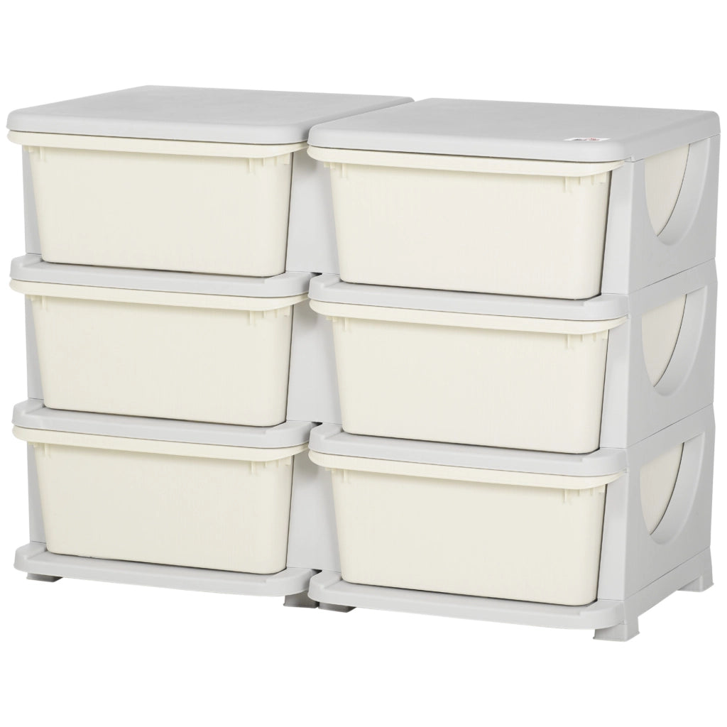 Cassettiera 6 Cassetti per Bambini 3-6 Anni con Bordi Arrotondati, in PP Bianco Crema, 75x37x56.5 cm