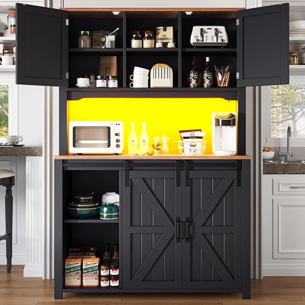 Mobile da cucina 115x40x174,7 cm con ante scorrevoli e illuminazione LED a colori, struttura in MDF, nero/bianco