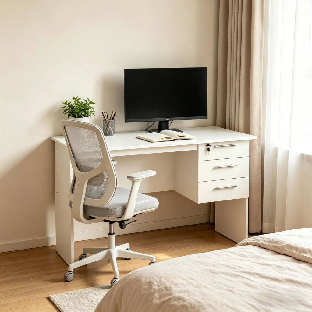 Scrivania da ufficio in legno bianco con 3 cassetti e piano di 120x60 cm