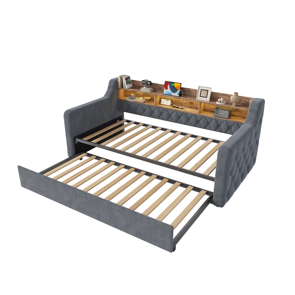 Letto divano 90x190 cm in velluto grigio scuro con letto estraibile; testiera con vani; LED; USB e USB-C