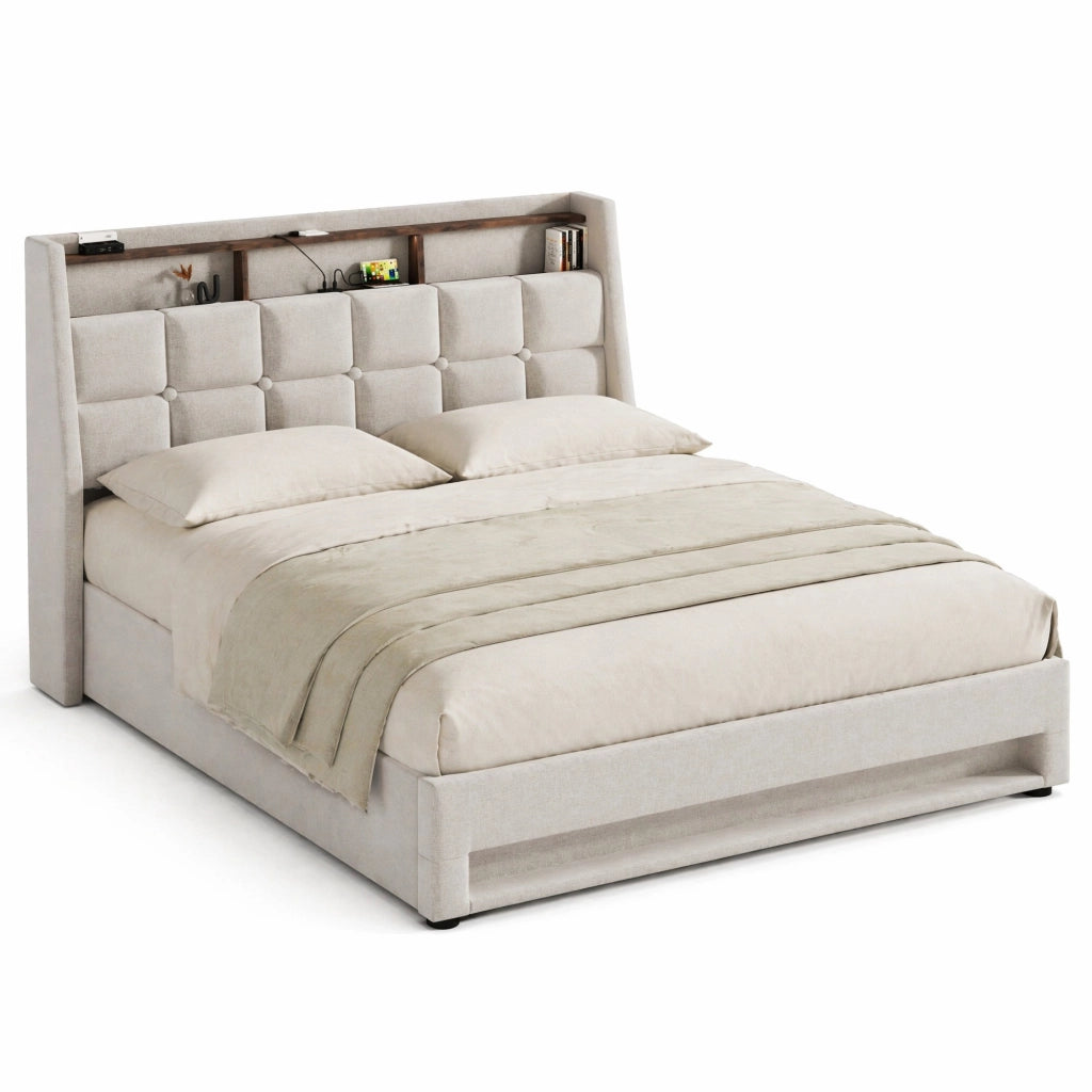 Letto imbottito beige chiaro 140 x 200 cm con LED, USB e contenitore