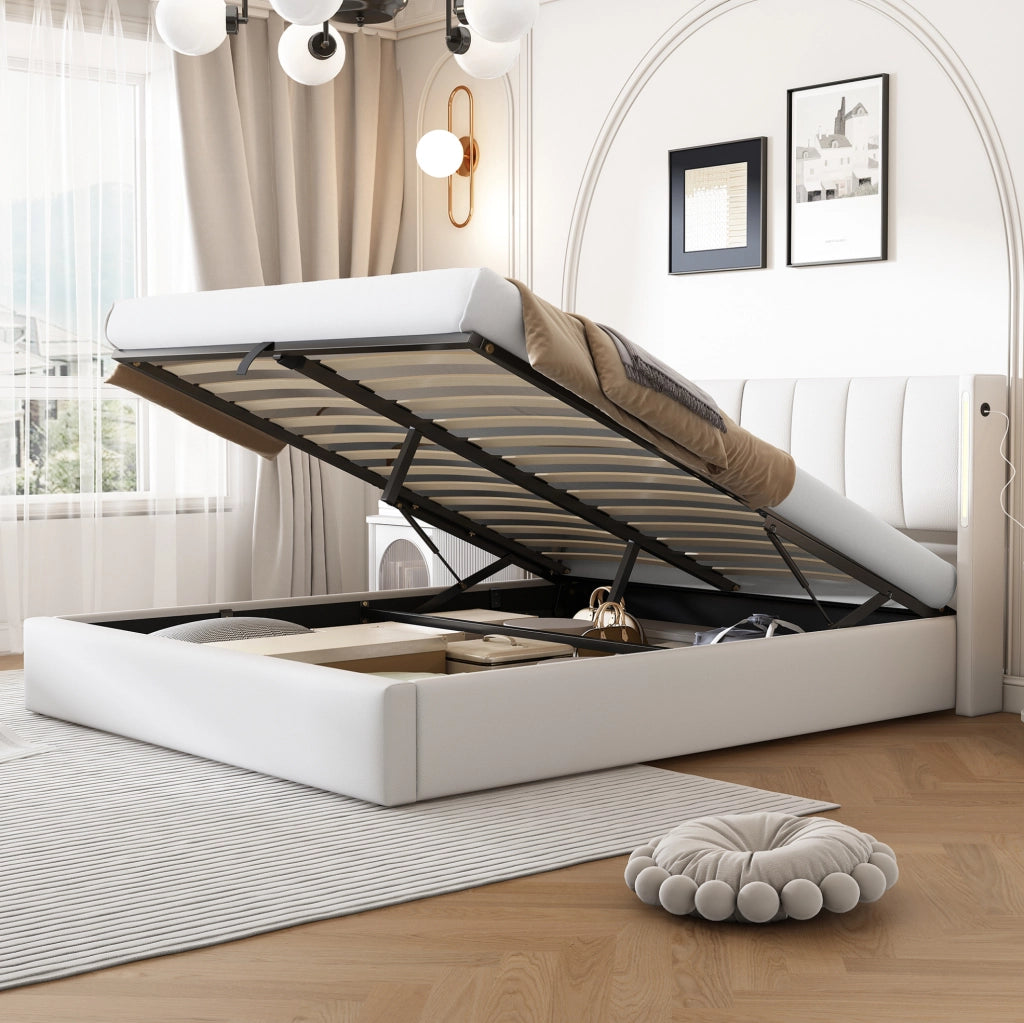 Letto imbottito LED 160x200 cm con contenitore, schienale regolabile, USB ricaricabile e rivestimento in PU bianco