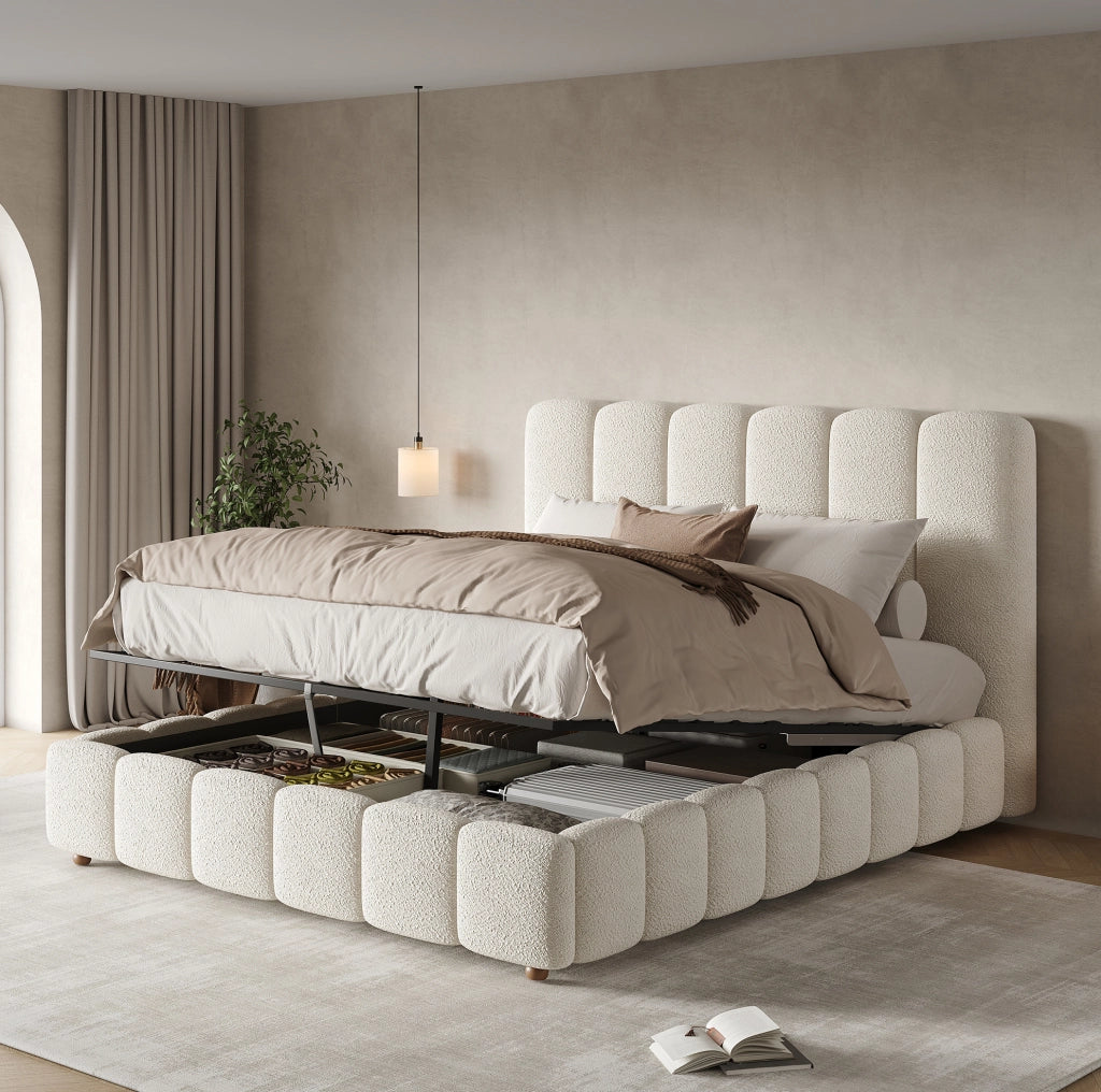 LETTO matrimoniale contenitore 140x200 cm Bouclé bianco con rete