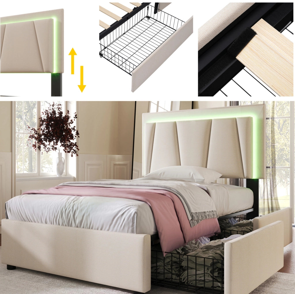 Letto singolo imbottito beige 90x200 cm con LED e materasso