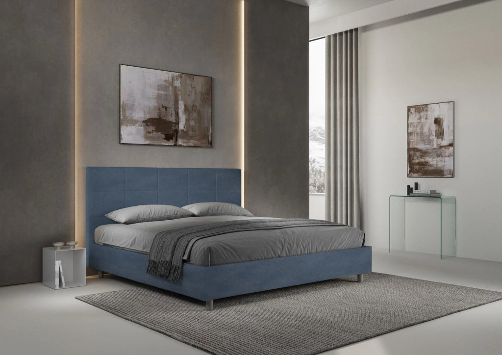 Letto Matrimoniale King Size 190x190 cm con Rete Imbottito in Microfibra Mika Blu