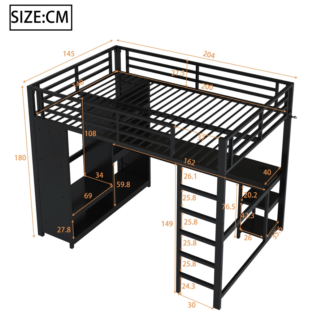 Letto a soppalco 140 × 200 cm con scrivania armadio aperto ripiani LED e stazione di ricarica in metallo nero