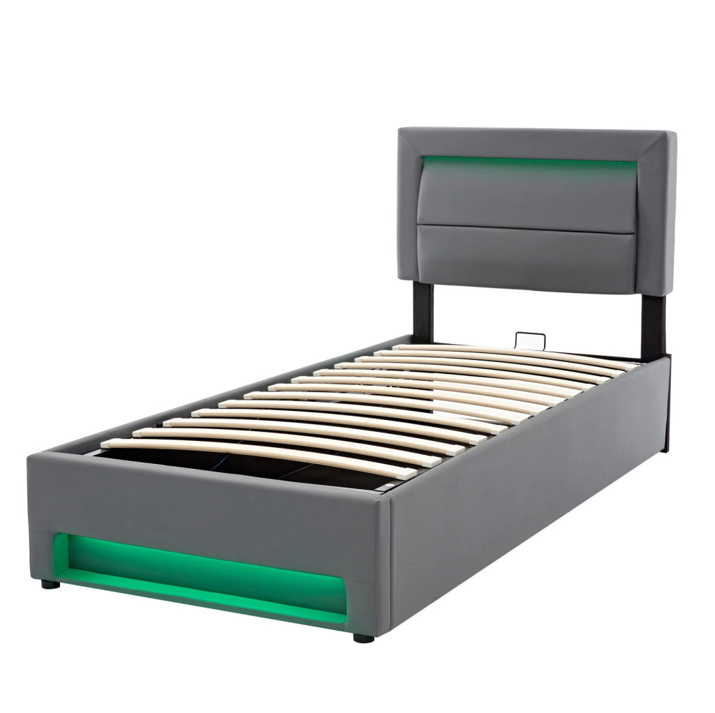 Letto imbottito con LED; ricarica USB e wireless; vano contenitore; PU grigio; per materasso 90x190 cm