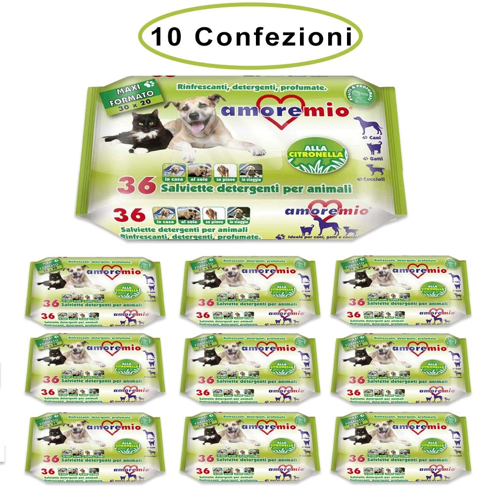 Amore mio salviette detergenti per cani gatti e cuccioli alla citronella 10 confezioni da 36 salviette