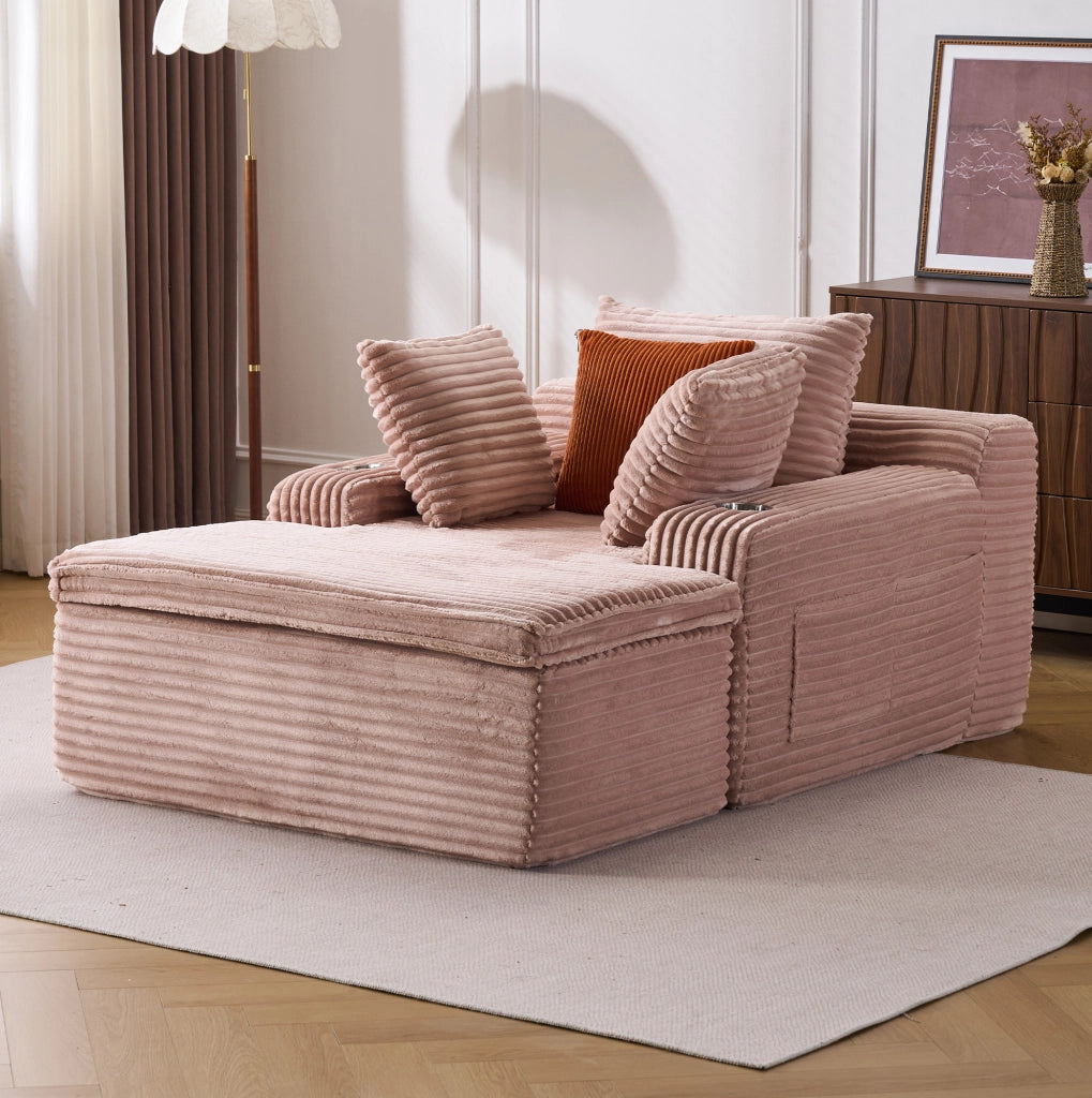 Divano letto moderno senza scheletro con chaise longue in velluto rosa, 3 cuscini e coperta inclusi, senza montaggio