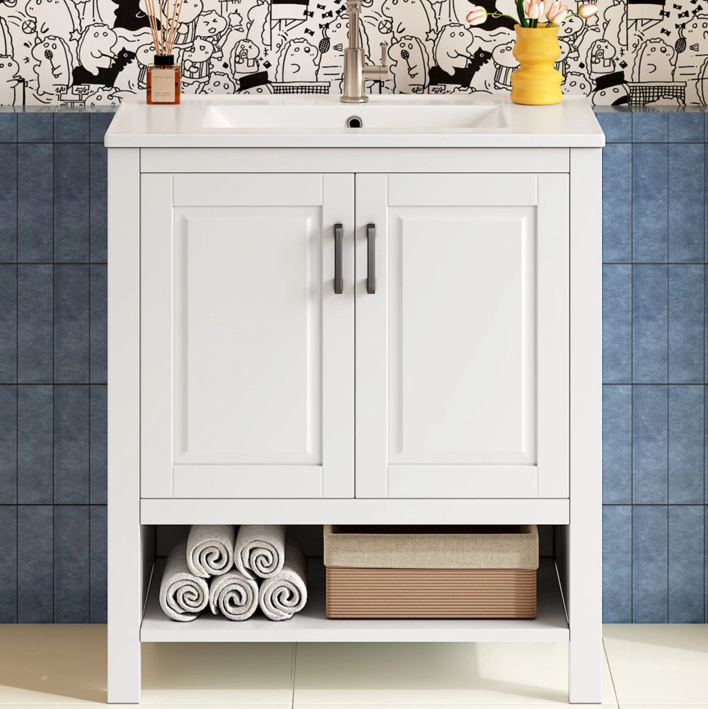 Mobile da bagno indipendente 76,5x47x83 cm con lavabo in ceramica integrato e doppia anta, finitura bianca completa