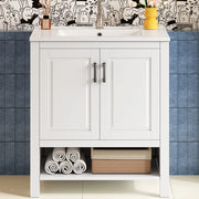 Mobile da bagno indipendente 76,5x47x83 cm con lavabo in ceramica integrato e doppia anta, finitura bianca completa