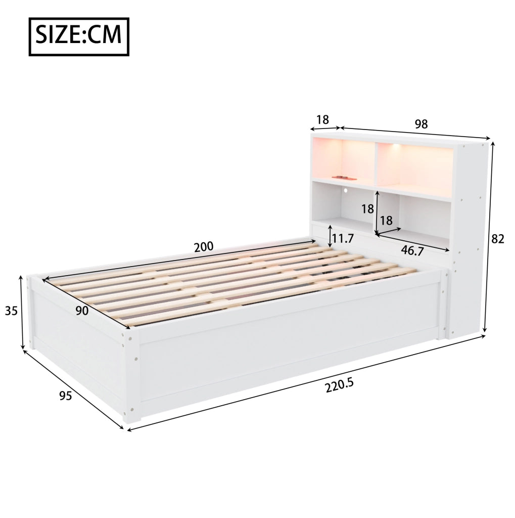 Letto singolo multifunzione 90x200 cm in legno bianco con LED, presa e 4 vani