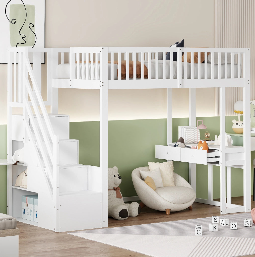 Letto a soppalco 90x200 cm con scrivania multifunzione e scala contenitore in pino massiccio bianco per bambini e ragazzi