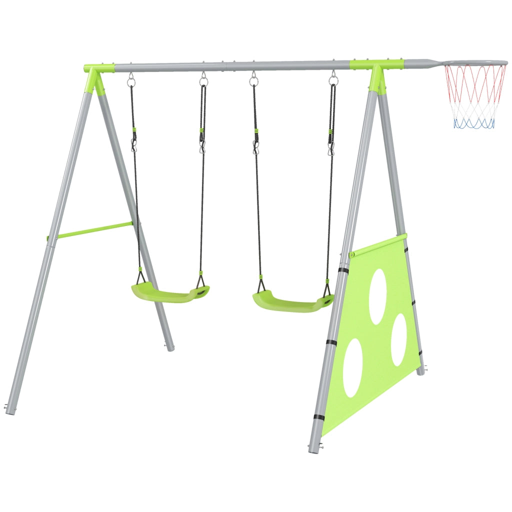 Gioco per Bambini 3 in 1 con Altalena da Giardino, Canestro e Porta da Calcio, 238x180x182 cm,, Verde e Grigio