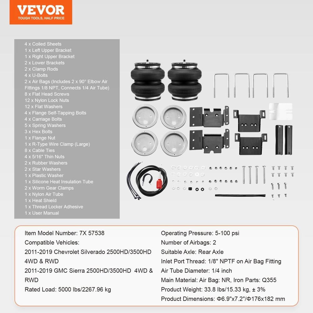 Airbag Suspension Kit, Air Spring Suspension Kit Compatible With 2011-2019 Chevrolet Silverado 2500/3500HD And GMC Sierra 2500/3500HD 4WD RWD, 5000 Lbs Load, 5 To 100 PSI
