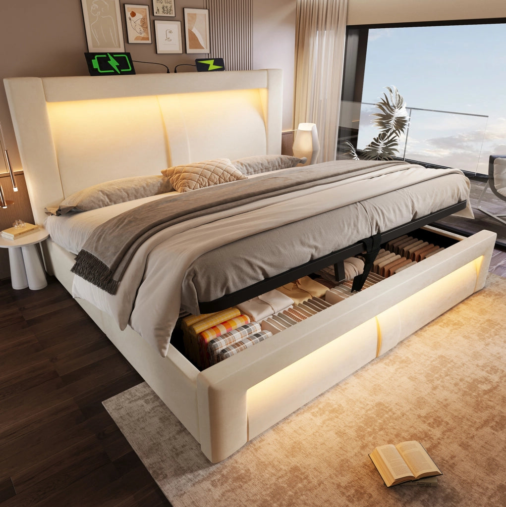 Letto contenitore 140x200 cm in velluto beige con LED, USB e materasso incluso