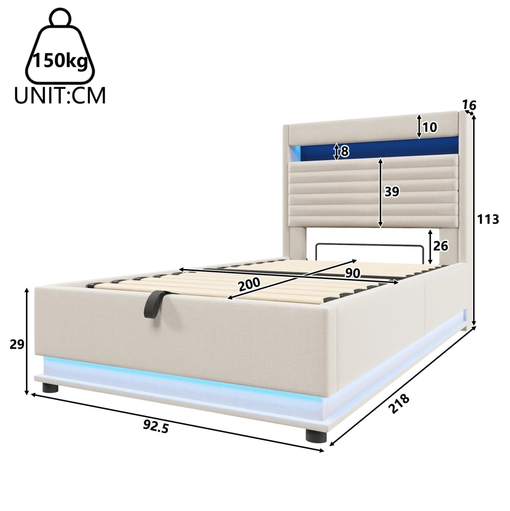 Letto imbottito 90x200 cm con vano contenitore idraulico, LED, USB e USB-C in lino beige