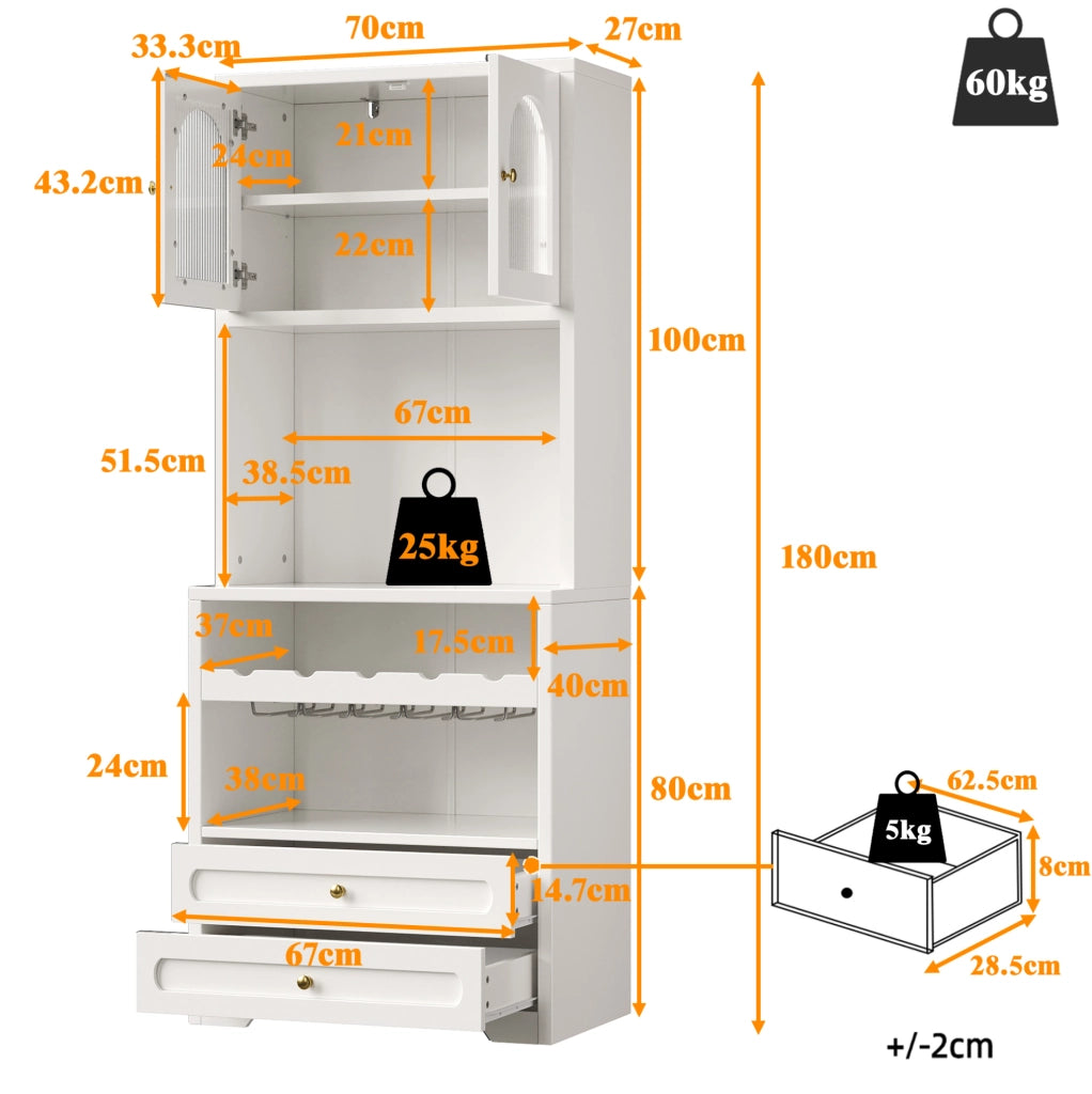 Highboard bianco con ante in vetro arcuate, illuminazione LED controllabile via app, supporto vino, ripiani regolabili e porta USB, per soggiorno e sala da pranzo
