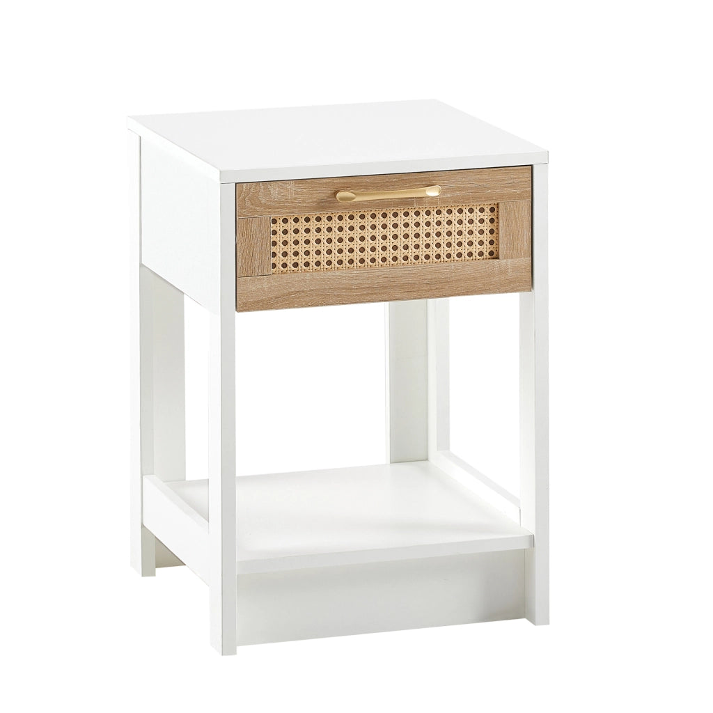 Comodino in rattan con cassetto, bianco, 55x40x40 cm, design moderno per camera e soggiorno
