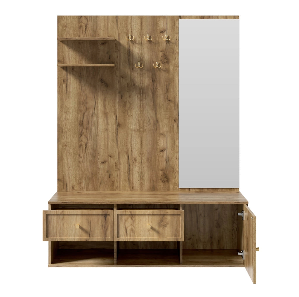 Set guardaroba da ingresso ULEVR 120x35x159 cm con specchio, 5 ganci, 2 cassetti e scarpiera effetto legno