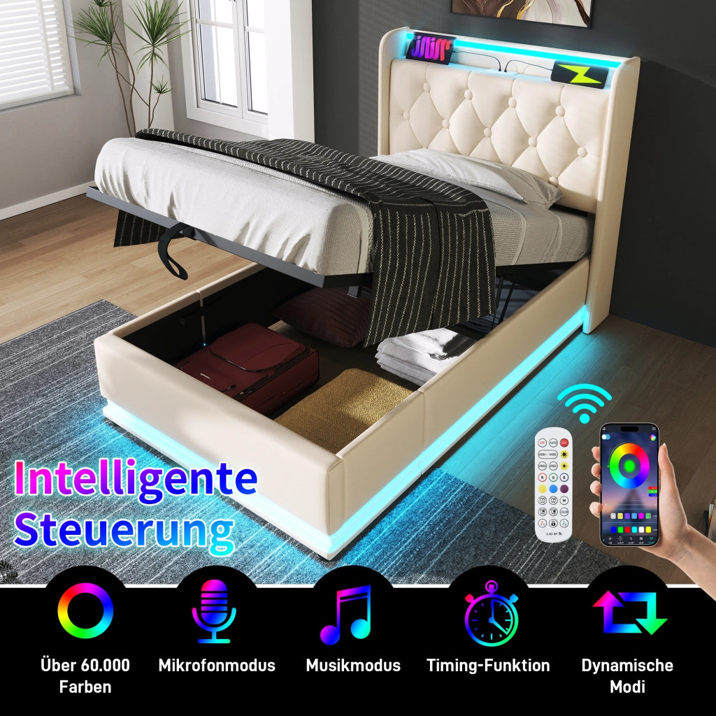 Letto singolo contenitore 90 × 200 cm con materasso LED a 360 gradi PU bianco USB e Type C