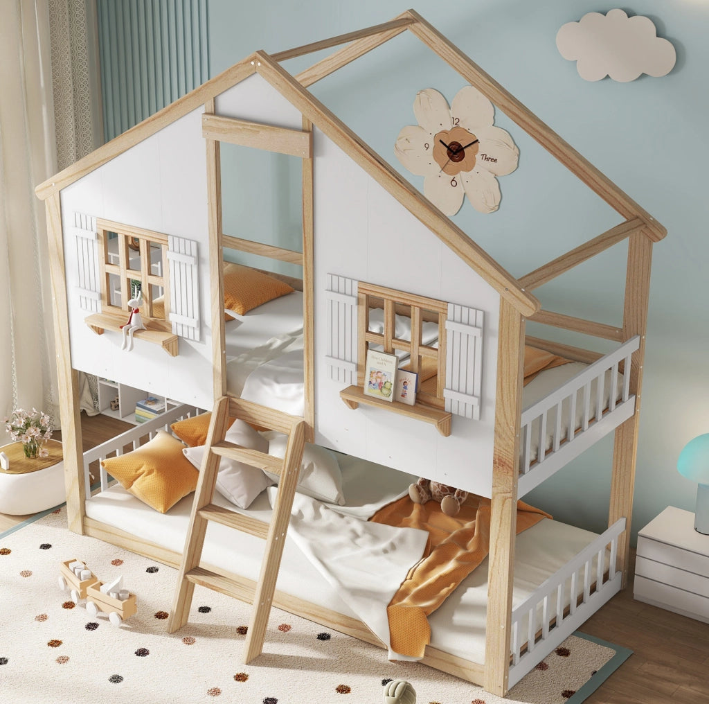 Letto a castello per bambini 90x200 cm bianco naturale con tetto, finestre e scala