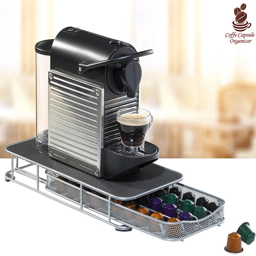 Contenitore Cassetto Porta Cialde Capsule Caffe' Metallo Estraibile Lungo Silver