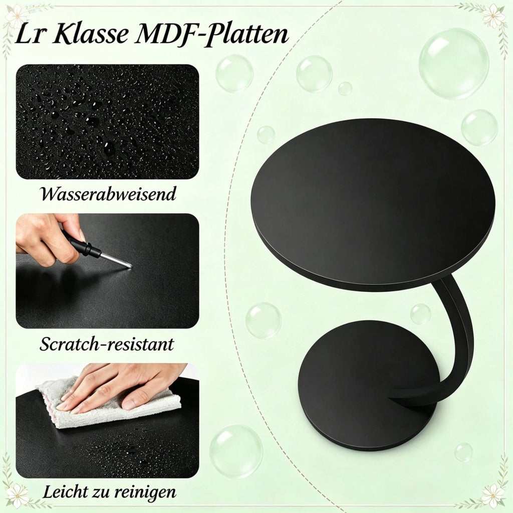 Tavolino laterale rotondo a C in MDF E1 e metallo, 40x64,5 cm, colore nero