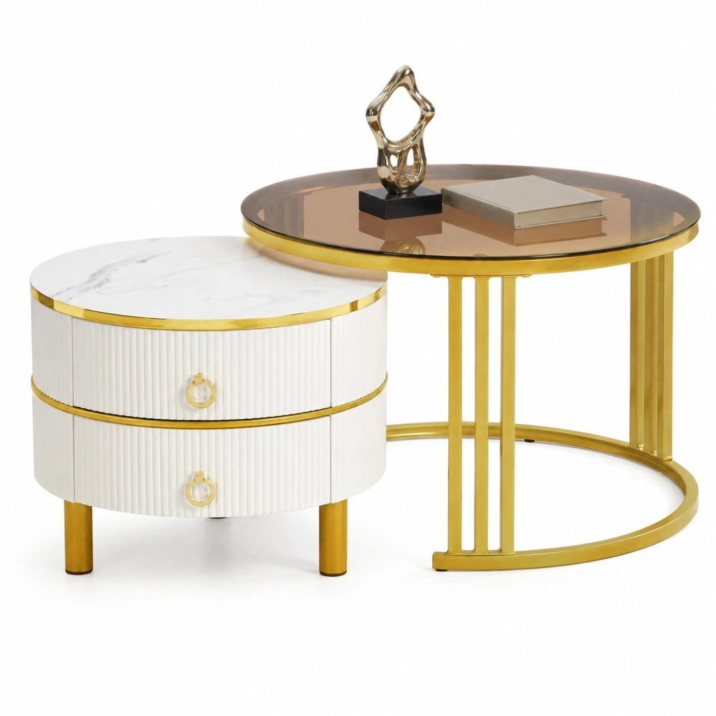 Set di 2 tavolini da caffè rotondi 70x70x45 + 50x50x40 cm in MDF e vetro bianco