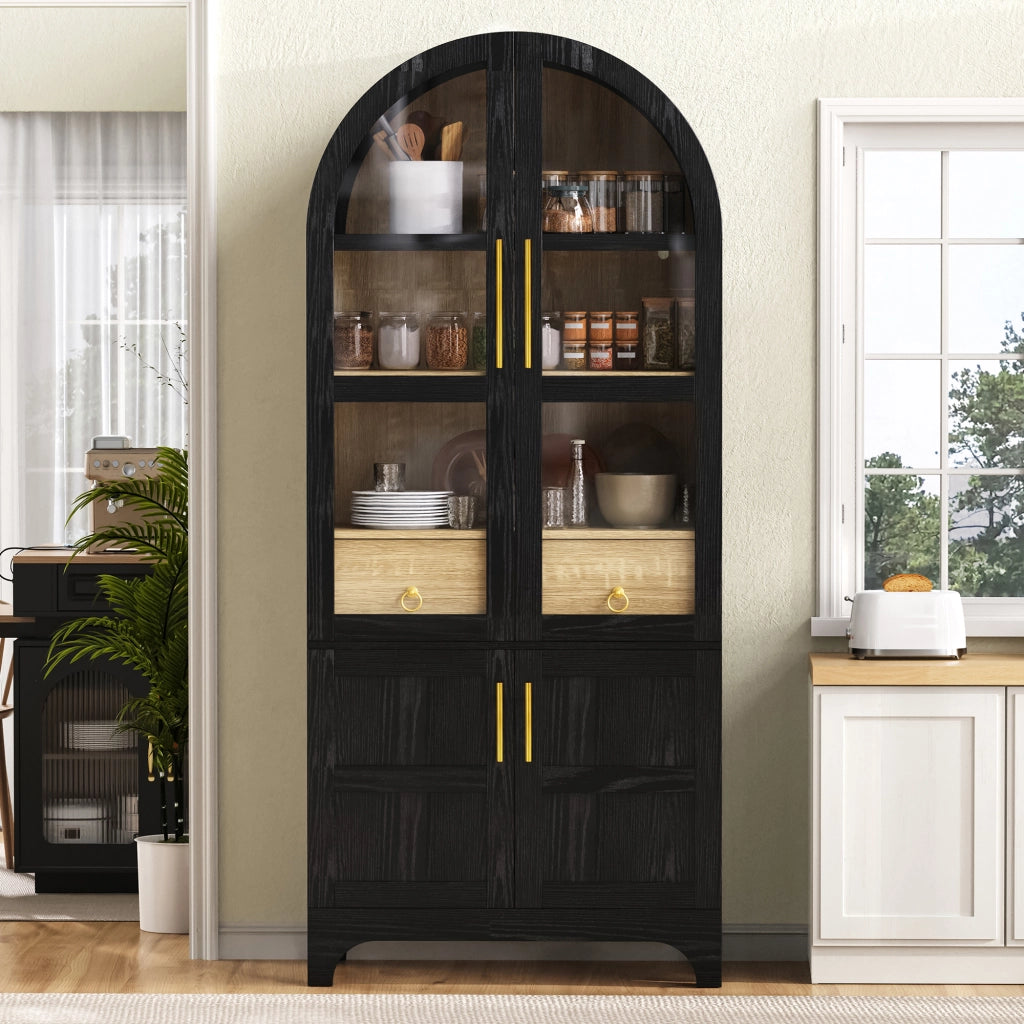 Credenza alta da cucina con ripiani regolabili; cassetto e ante in vetro rigato MDF nero 76 × 40 × 180 cm
