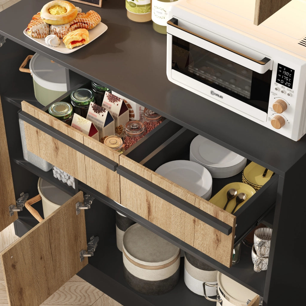 Mobile colonna da cucina con LED RGB; 2 cassetti e ripiani regolabili in MDF naturale e nero 100 × 40 × 180 cm
