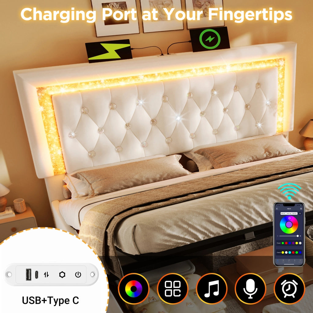 Letto matrimoniale 140×200 cm con contenitore idraulico; LED regolabile; USB e tipo C; materasso incluso; beige