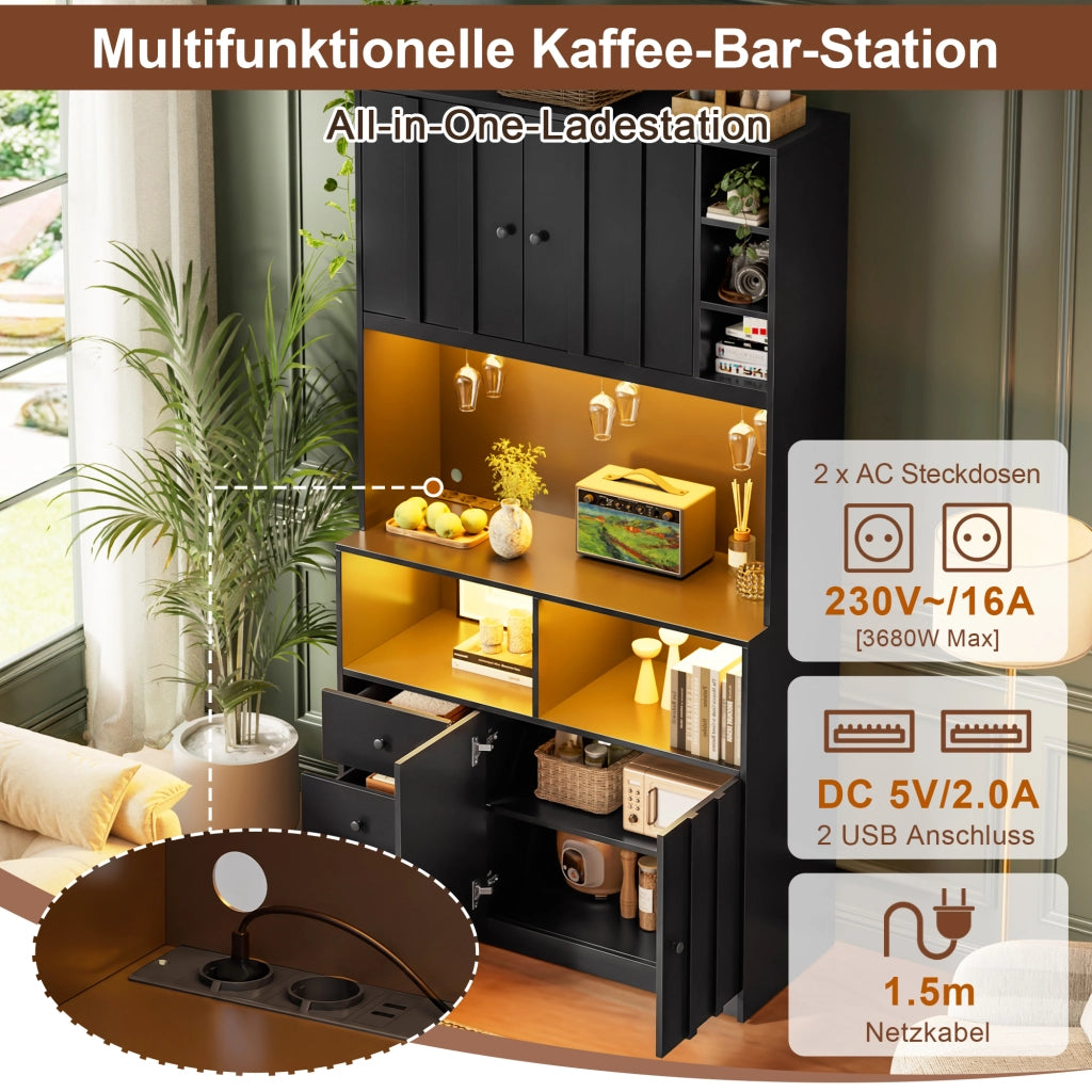 ARMADIO CUCINA 180 cm con LED, prese USB/AC, MDF nero