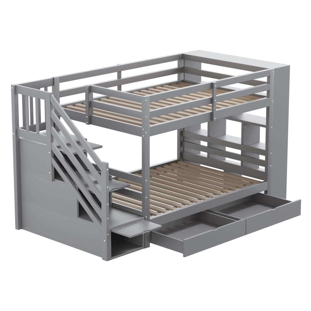 Letto a castello 90 x 200 cm in pino; grigio; con scala contenitore e cassetti