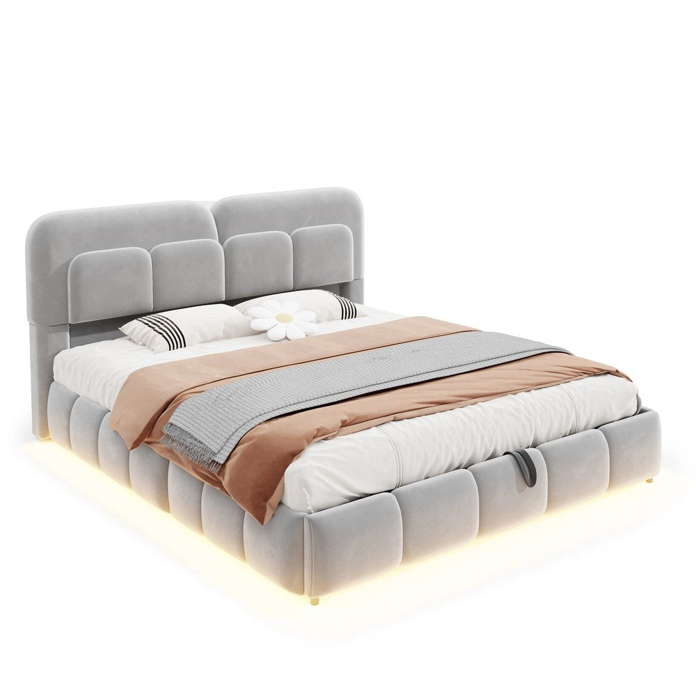 Letto imbottito 140x200 cm contenitore ¨C Minimal ¨C grigio velluto con led