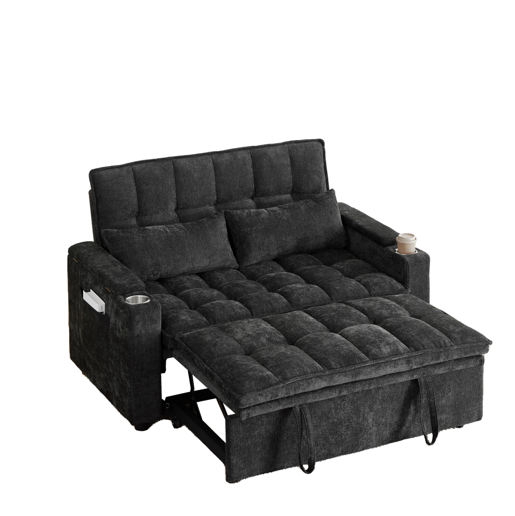 Divano letto 3 in 1 142x89x89 cm in ciniglia nera con contenitore