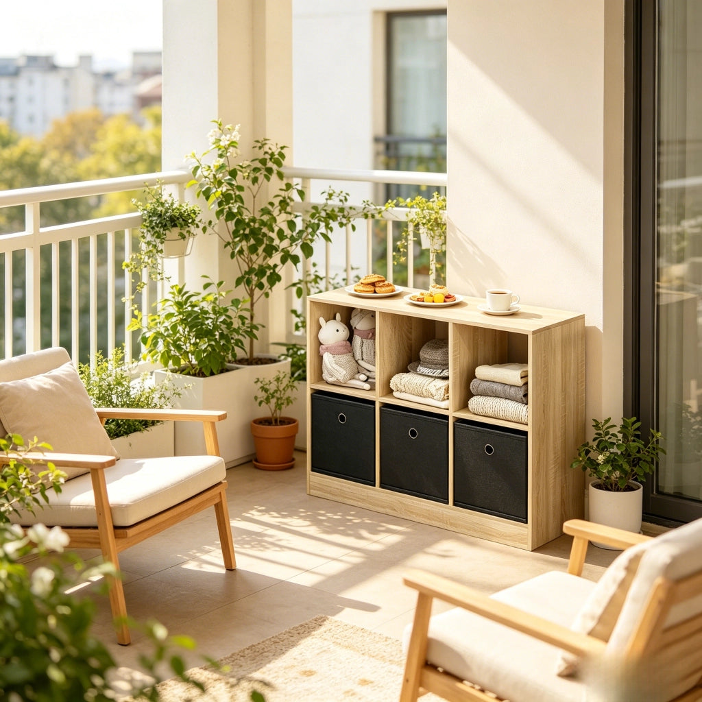 Scaffale a cubi 80x30x61 cm con 3 cassetti in tessuto legno ingegnerizzato rovere chiaro e nero