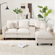 Divano modulare angolare 4 posti con pouf contenitore e USB in tessuto a coste beige