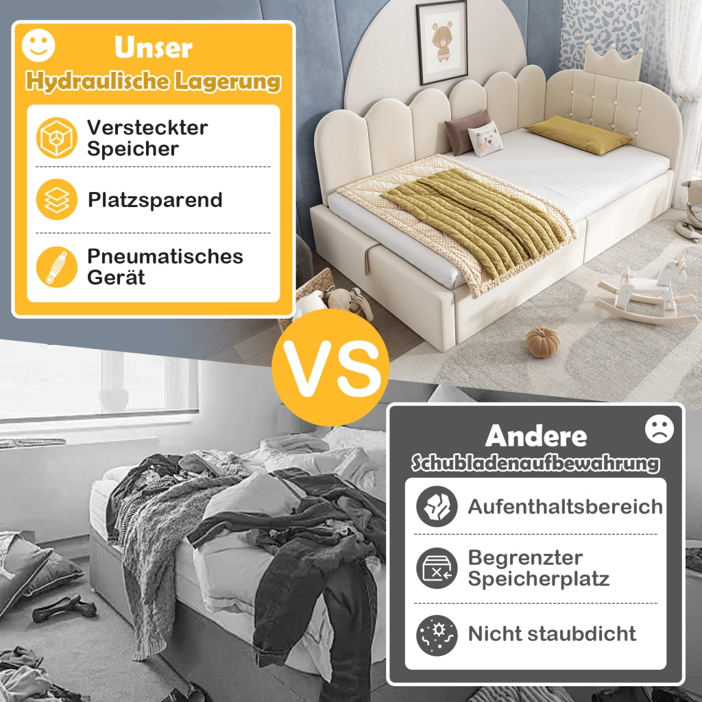 Letto contenitore 90 × 200 cm daybed a L con testiera imbottita in velluto e rete idraulica beige