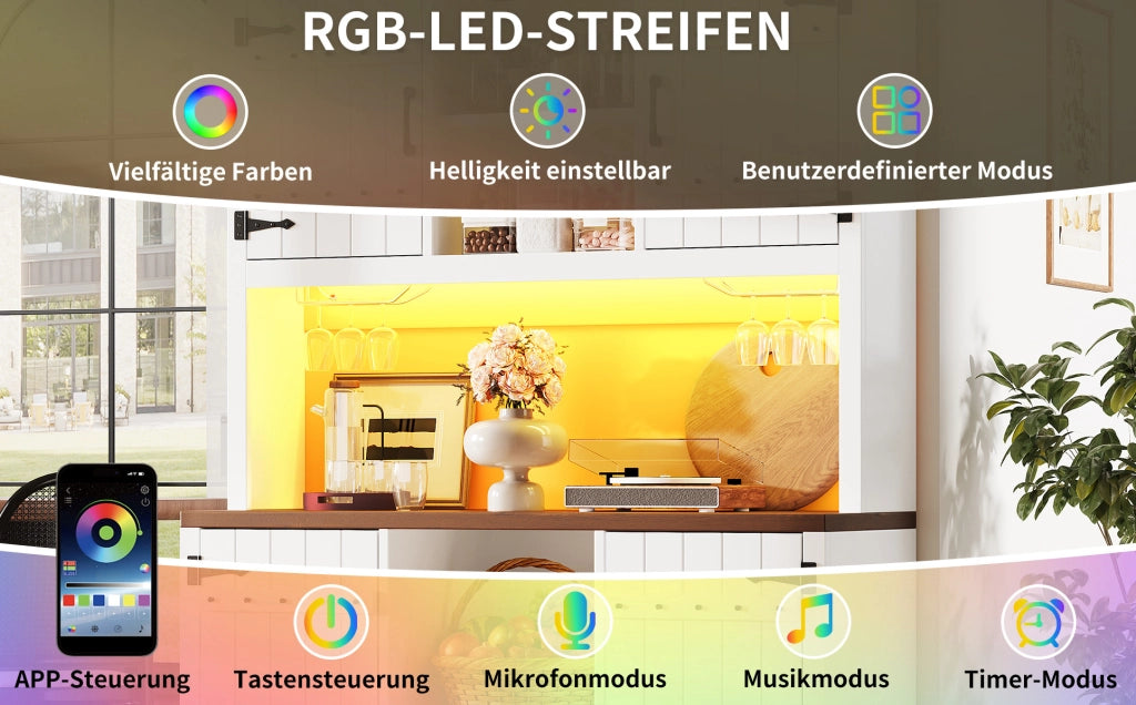 Hochschrank mit Scheunentor-Türen, RGB-LED-Beleuchtung, verstellbaren Böden und Weinflaschenständer, 120×40×180 cm, Weiß