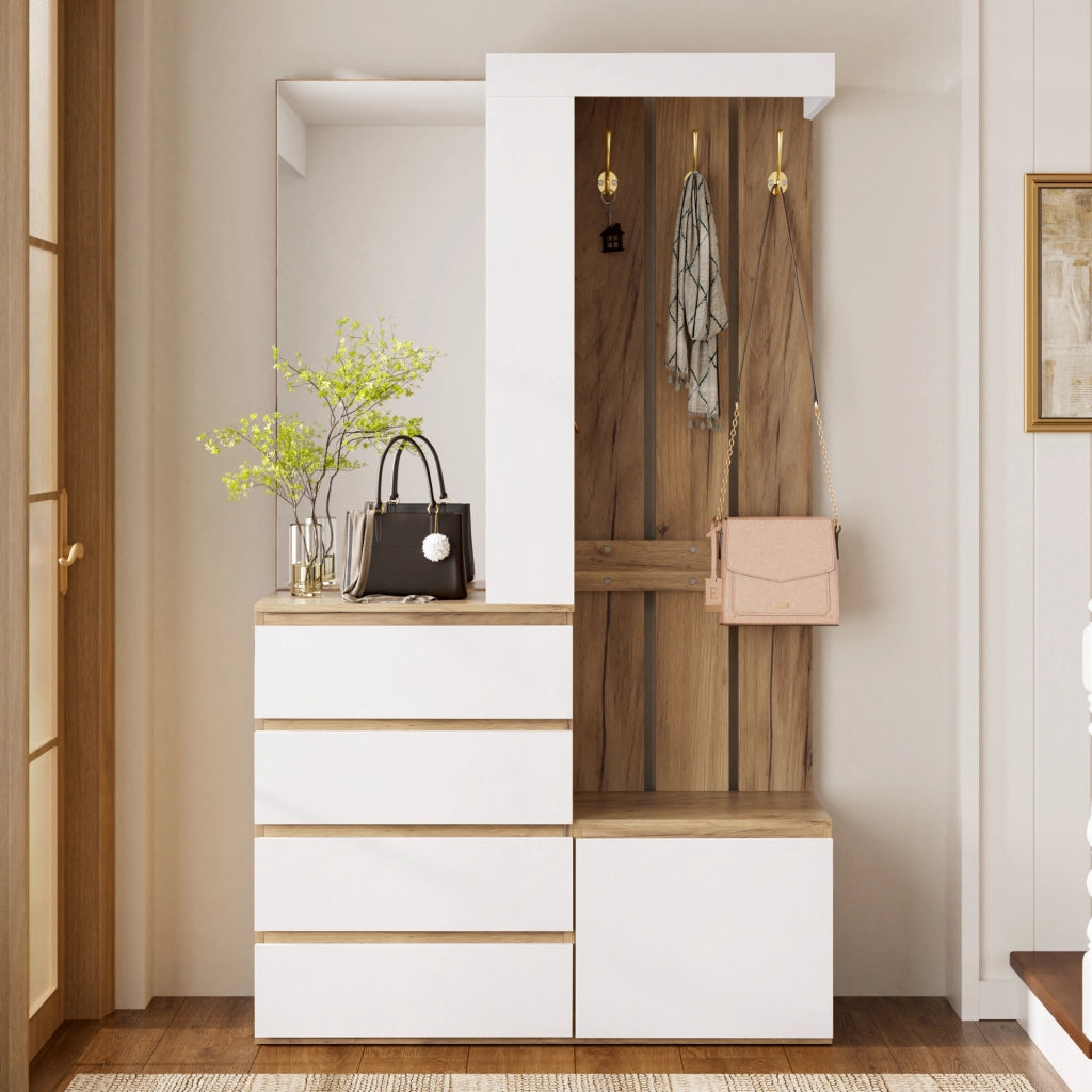 Mobile ingresso con specchio, 4 cassetti, anta e ganci per corridoio, truciolare bianco naturale, 100 × 35 × 180 cm