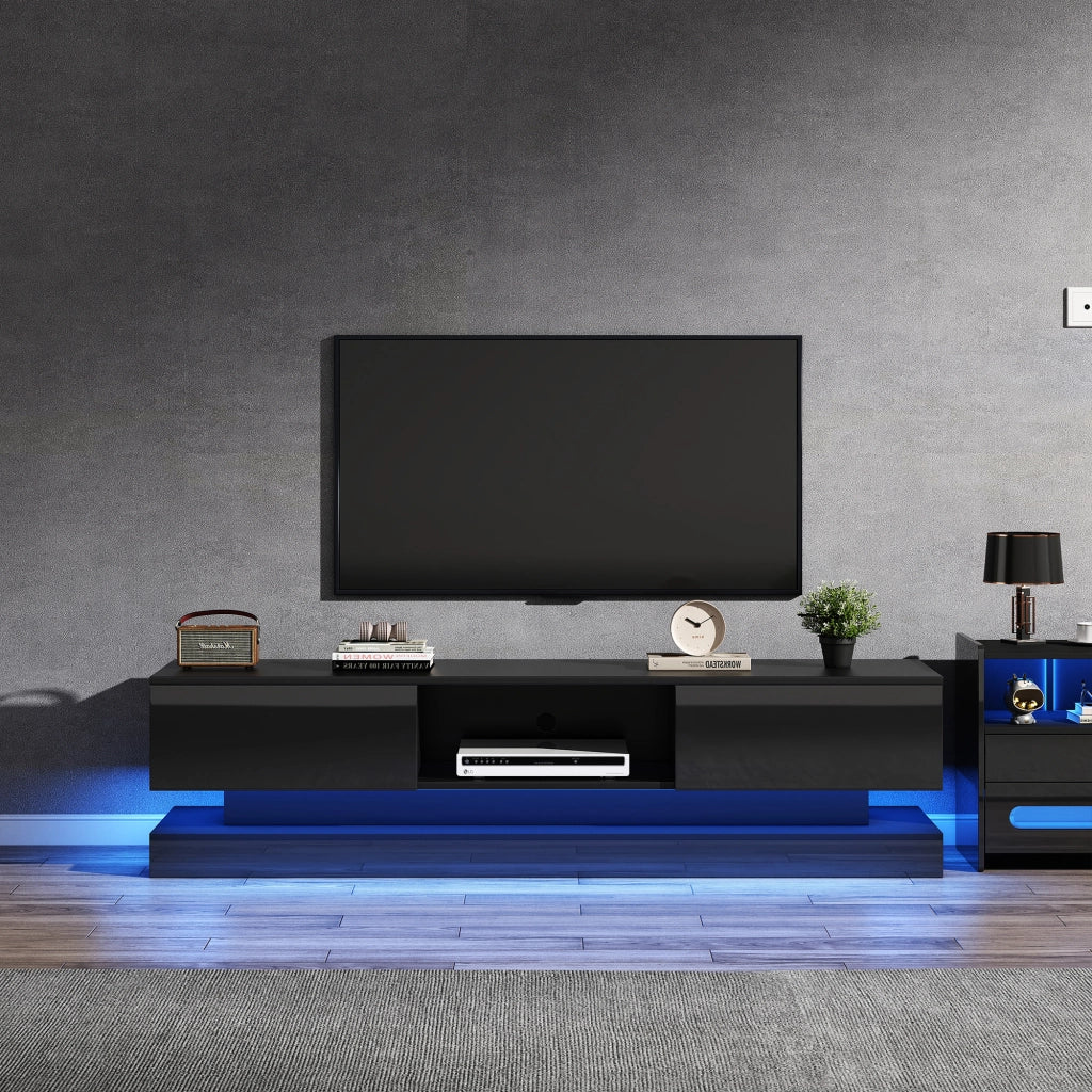 Mobile TV con LED multicolore via app; 2 cassetti; passacavi; nero lucido; 160 × 35 × 40.5 cm