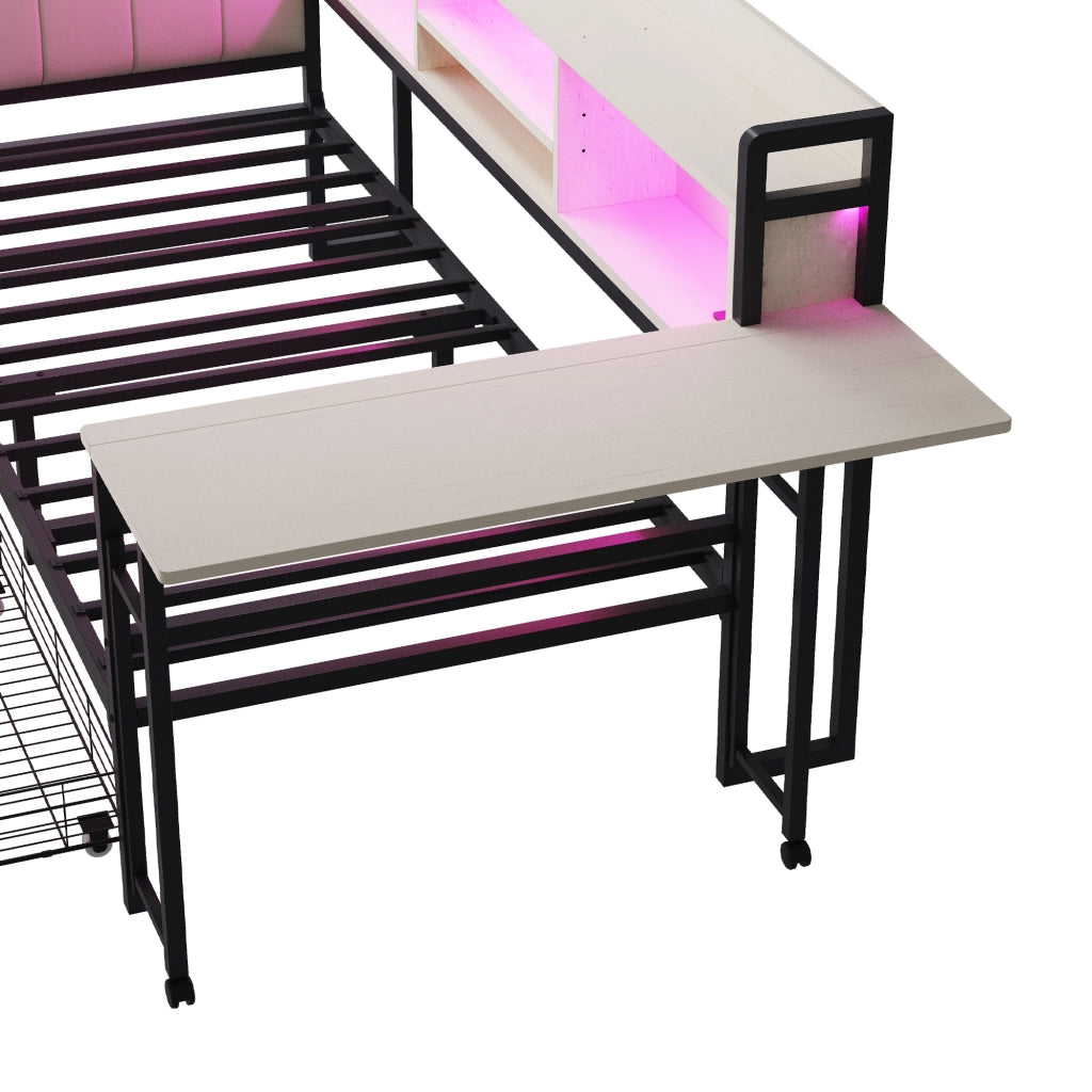 Divano letto in ferro 90 x 200 cm con luce LED e contenitore, cassetti e presa multipla, scrivania estraibile, schienale - Bianco