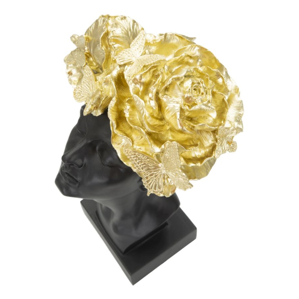 Scultura Donna con farfalle sul capo in resina nera e oro