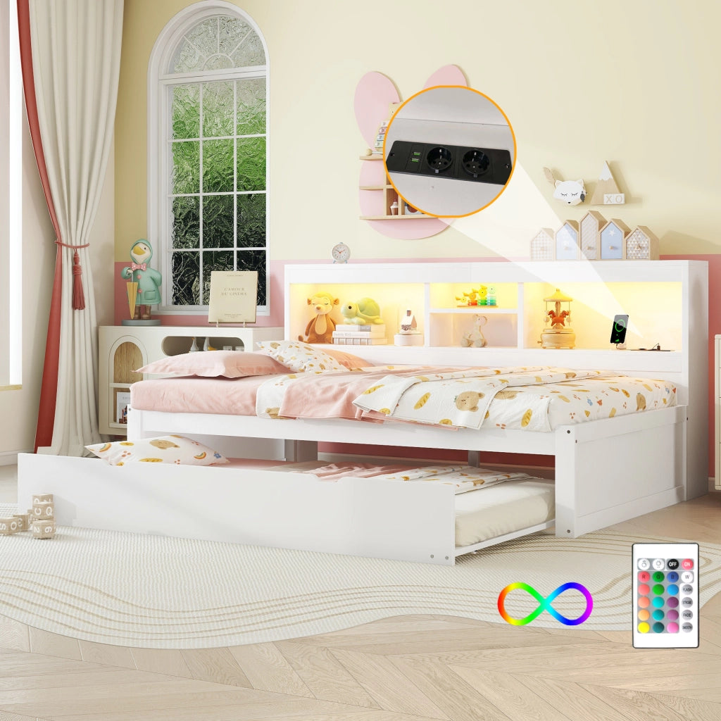 Letto divano 90 × 200 cm 1 posto con letto estraibile; LED; presa e USB; vano laterale; senza materasso; bianco