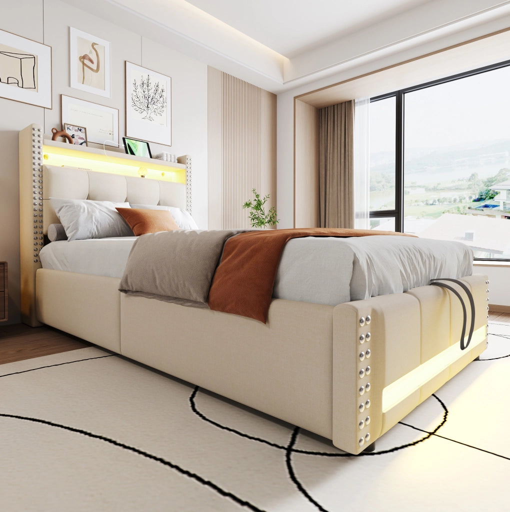 Letto singolo imbottito per bambini 90x200 cm con LED, USB e contenitore idraulico, beige