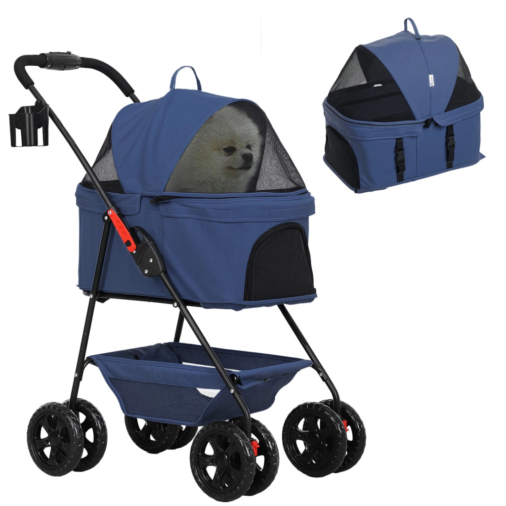 EasyComfort Passeggino per Cani 3 in 1 Pieghevole con Borsa Trasportino e Cestino Inferiore, Blu